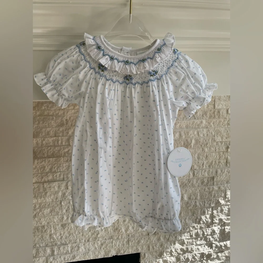 Edgehill Collection Baby Girl Smocked Blue Swiss Dot Bubble Romper Size 3M